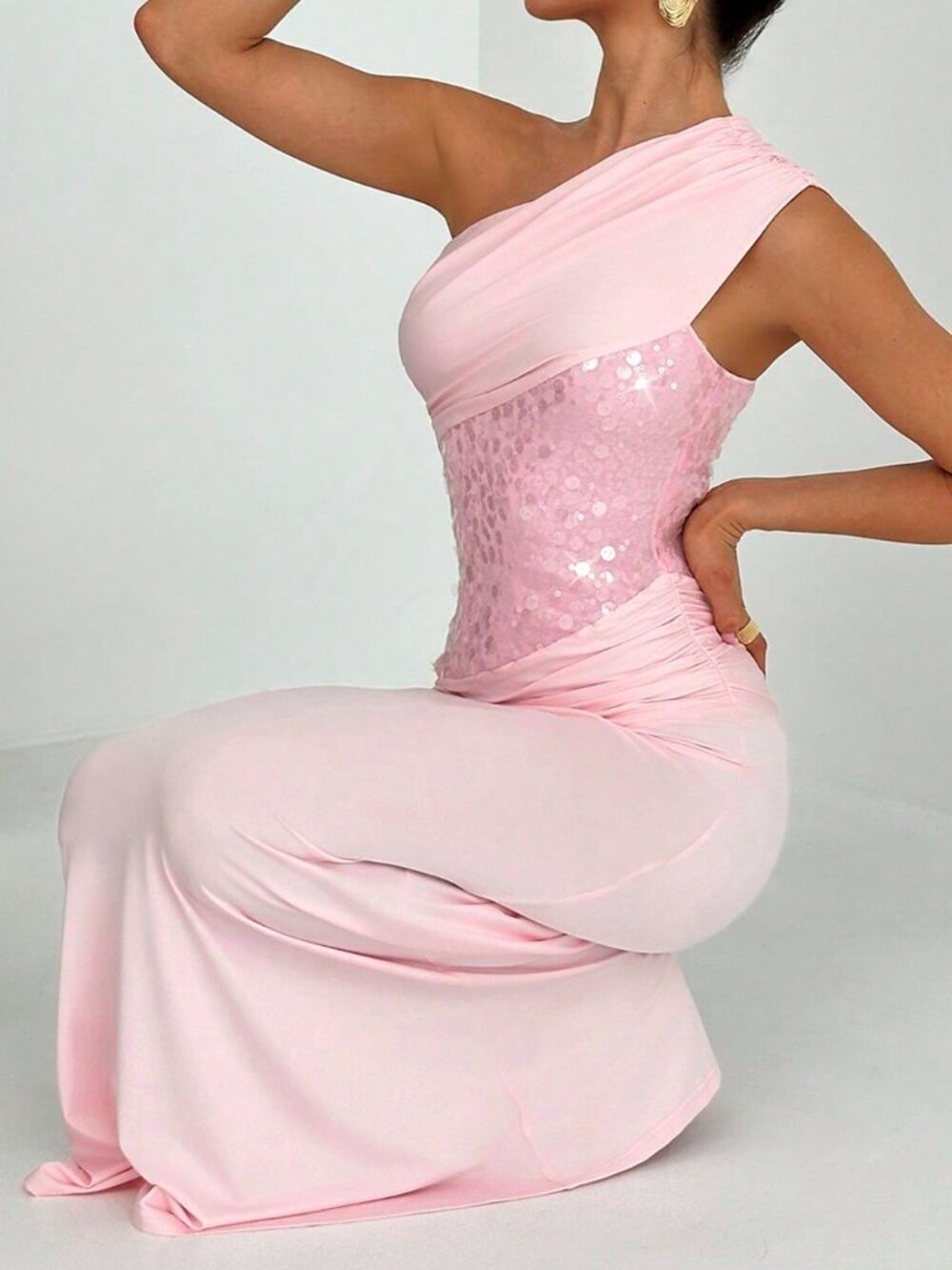 Pink Elegant Women's Cocktail Asymmetric Sequin Splice Extra Long Dress - Picture 8 of 8